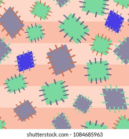 Seamless pattern in color patches. Bright cute background of multicolored scraps of fabric, sewn with different colors of thread. Can be used for fabric design, children's wallpaper, postcards. Vector