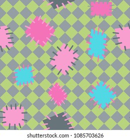 Seamless pattern in color patches. Bright cute background of multicolored scraps of fabric, sewn with different colors of thread. Can be used for fabric design, children's wallpaper, postcards. Vector