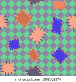 Seamless pattern in color patches. Bright cute background of multicolored scraps of fabric, sewn with different colors of thread. Can be used for fabric design, children's wallpaper, postcards. Vector