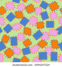 Seamless pattern in color patches. Bright cute background of multicolored scraps of fabric, sewn with different colors of thread. Can be used for fabric design, children's wallpaper, postcards. Vector
