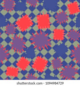 Seamless pattern in color patches. Bright cute background of multicolored scraps of fabric, sewn with different colors of thread. Can be used for fabric design, children's wallpaper, postcards. Vector