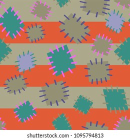 Seamless pattern in color patches. Bright cute background of multicolored scraps of fabric, sewn with different colors of thread. Can be used for fabric design, children's wallpaper, postcards. Vector