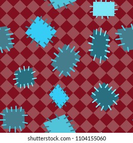 Seamless pattern in color patches. Bright cute background of multicolored scraps of fabric, sewn with different colors of thread. Can be used for fabric design, children's wallpaper, postcards. Vector