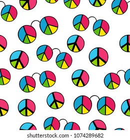 Seamless pattern with color peace symbol and sunglasses. Hippie style. Vector illustration.