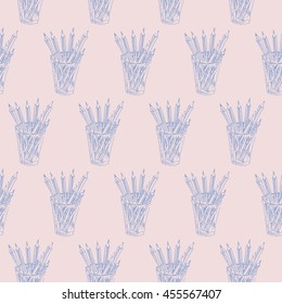 Seamless pattern of the color pencils in glass container. Conception for art, sketching, planners, sketchbook, cards.