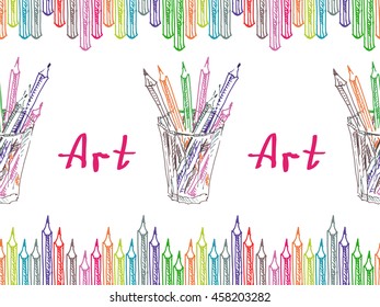 Seamless pattern of the color pencils in glass container. Conception for art, sketching, planners etc.