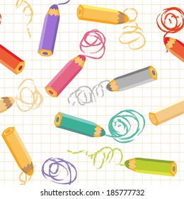 Seamless pattern with color pencils. Light checkered background. Vector illustration.