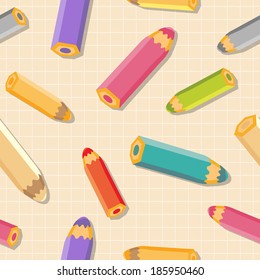 Seamless pattern with color pencils. Light checkered background. Vector illustration.