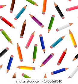 Seamless pattern of color pencils. Twelve rainbow scale color bright crayons with erasers, flat cartoon design. Writing implement, school supplies. Isolated on white background. Vector illustration