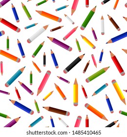 Seamless pattern of color pencils. Twelve rainbow scale color bright crayons with erasers, flat cartoon design. Writing implement, school supplies. Isolated on white background. Vector illustration