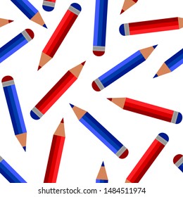 Seamless pattern of color pencils. Two bright color crayons, red and blue, with erasers, flat cartoon design. Writing implement, school supplies. Isolated on white background. Vector illustration