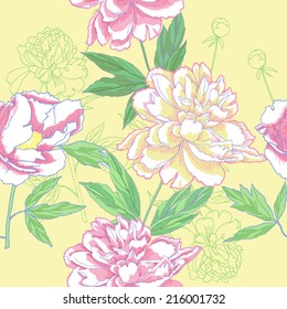 Seamless pattern  with color peonies.Vector Illustration