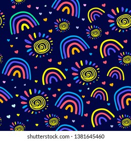 Seamless pattern with color rainbow and sun. Doodle