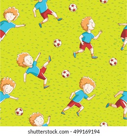 Seamless pattern color red-haired boy football player