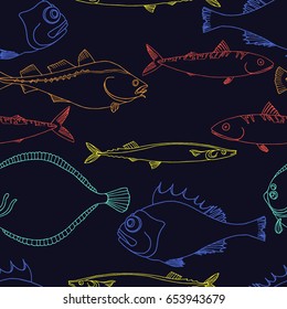 Seamless pattern of color sea fish on a black background. Perch, cod, scomber, mackerel, flounder, saira. Vector doodle. Elements for your nature background