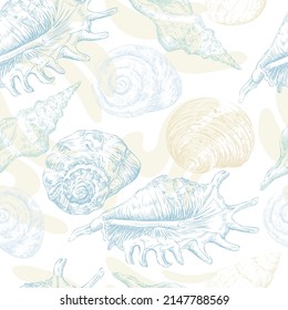 Seamless pattern of color seashells. Marine background. Hand drawn vector illustration in trendy colors. For invitations, cards, posters, print, banners, advertising, textile, wallpaper and bed linen