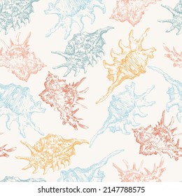 Seamless pattern of color seashells. Marine background. Hand drawn vector illustration in trendy colors. For invitations, cards, posters, print, banners, advertising, textile, wallpaper and bed linen