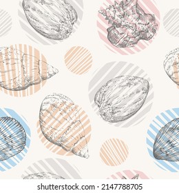 Patrón de conchas de color sin inconvenientes. Fondo marino. Ilustración vectorial dibujada a mano en colores de moda. Para invitaciones, tarjetas, carteles, impresiones, pancartas, publicidad, textiles, papel pintado y ropa de cama