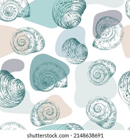Seamless pattern of color seashells. Marine background. Hand drawn vector illustration in trendy colors. For invitations, cards, posters, print, banners, advertising, textile, wallpaper and bed linen