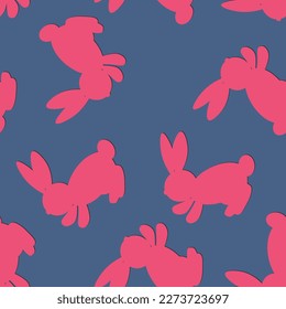 Seamless pattern with color silhouette Easter rabbits on blue background. Design for card, postcard, wallpaper, fabric, textile. Vector stock illustration. Cartoon style.