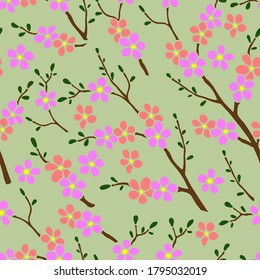 seamless pattern in color, silhouette of sakura branches, ornament for wallpaper and fabric, scrapbooking paper
