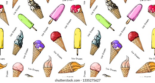 Seamless pattern with color sketch of ice cream. Vector