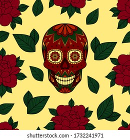 Seamless pattern with color skull, flowers and leaves on a yellow background. Floral pattern for greeting card, scrapbooking, invitation, wallpaper or fabric. Vector illustration