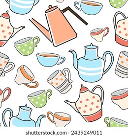 seamless pattern of color teapots and cups in flat style in vector. template for background, wallpaper, wrapping, print, fabric