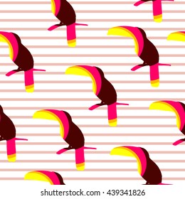 Seamless pattern with color toucans in a strip. Vector summer background
