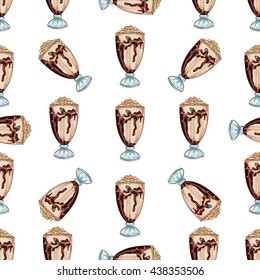 Seamless pattern color vanilla milkshake. Sketched fast food vector illustration. Background with drink for cafe, restaurant, eatery, diner, website or take away bag design