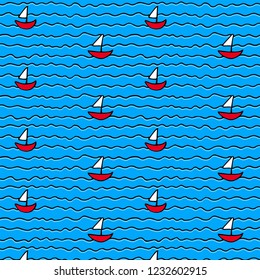 Seamless pattern. Color vector image. Boats with white sails float on the waves.