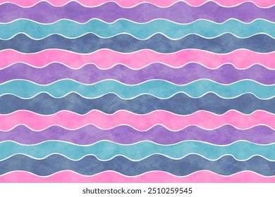 Seamless pattern with color wavy stripes and white lines with watercolor texture. Summer abstract background with cute blue, pink and purple watercolor wavy strips, vector illustration