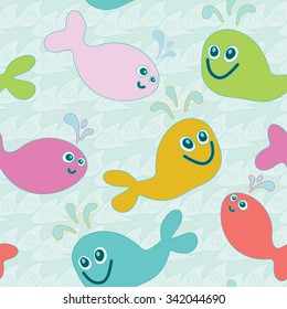 Seamless pattern of color whales on blue sea waves background