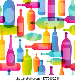 Seamless pattern with color wine bottles silhouettes isolated on white background
