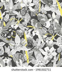 Patrón sin foco de color del año 2021 con hojas tropicales, orquídeas y mariposas