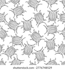 Seamless pattern of Colorado beetles, as a coloring page. Background for children's explorer activities. Black and white vector illustration.