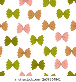 Seamless pattern with colorata farfalle pasta. Minimal italian mediterranean food background. Italian pasta illustration. Fabric textile print. Surface cover design.