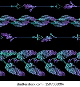 Seamless pattern with colordul feather, arrows and beads. Beautiful Abstract Rainbow Hand drawn striped pattern isolated on black background. Magic fairytale theme. Vector illustration.