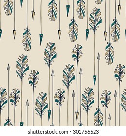 Seamless pattern with colored abstract feather arrows. 