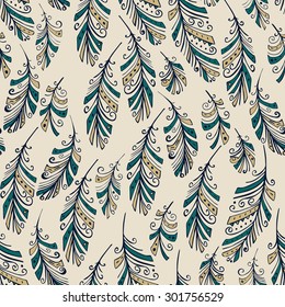 Seamless pattern with colored abstract feathers. 