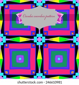 seamless pattern of colored abstract  motif, spots, label on a  black  background. Handmade.