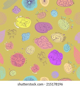 Seamless pattern of colored abstract  shapes,  leaves, vases on a pale yellow background. Handmade.