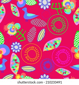 Seamless pattern from colored abstract shapes,blue birds, floral motifs, twigs on a pink background.