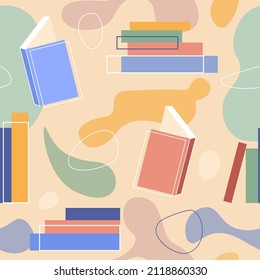 Seamless pattern of colored abstract spots and books in a modern trendy style. Vector Illustration