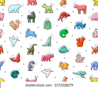 Seamless pattern of colored Animals icons. Animal icons set. Isolated on White background
