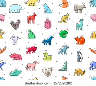 Seamless pattern of colored Animals icons. Animal icons set. Isolated on White background