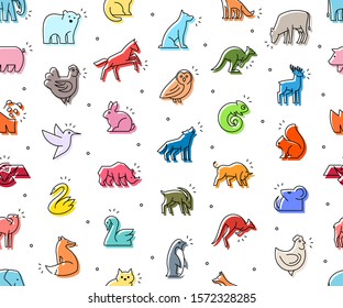 Seamless pattern of colored Animals icons. Animal icons set. Isolated on White background