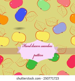 Seamless pattern of colored apples, label on a pale yellow background. Hand drawn.