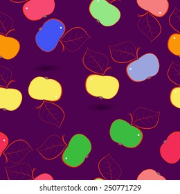 Seamless pattern of colored apples  on a  dark pink  background. Hand drawn.