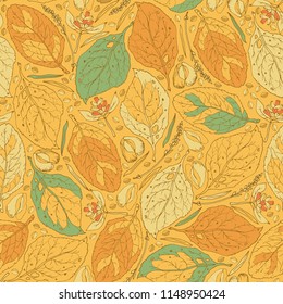 Seamless pattern with colored autumn leaves. Hand drawn grahic.